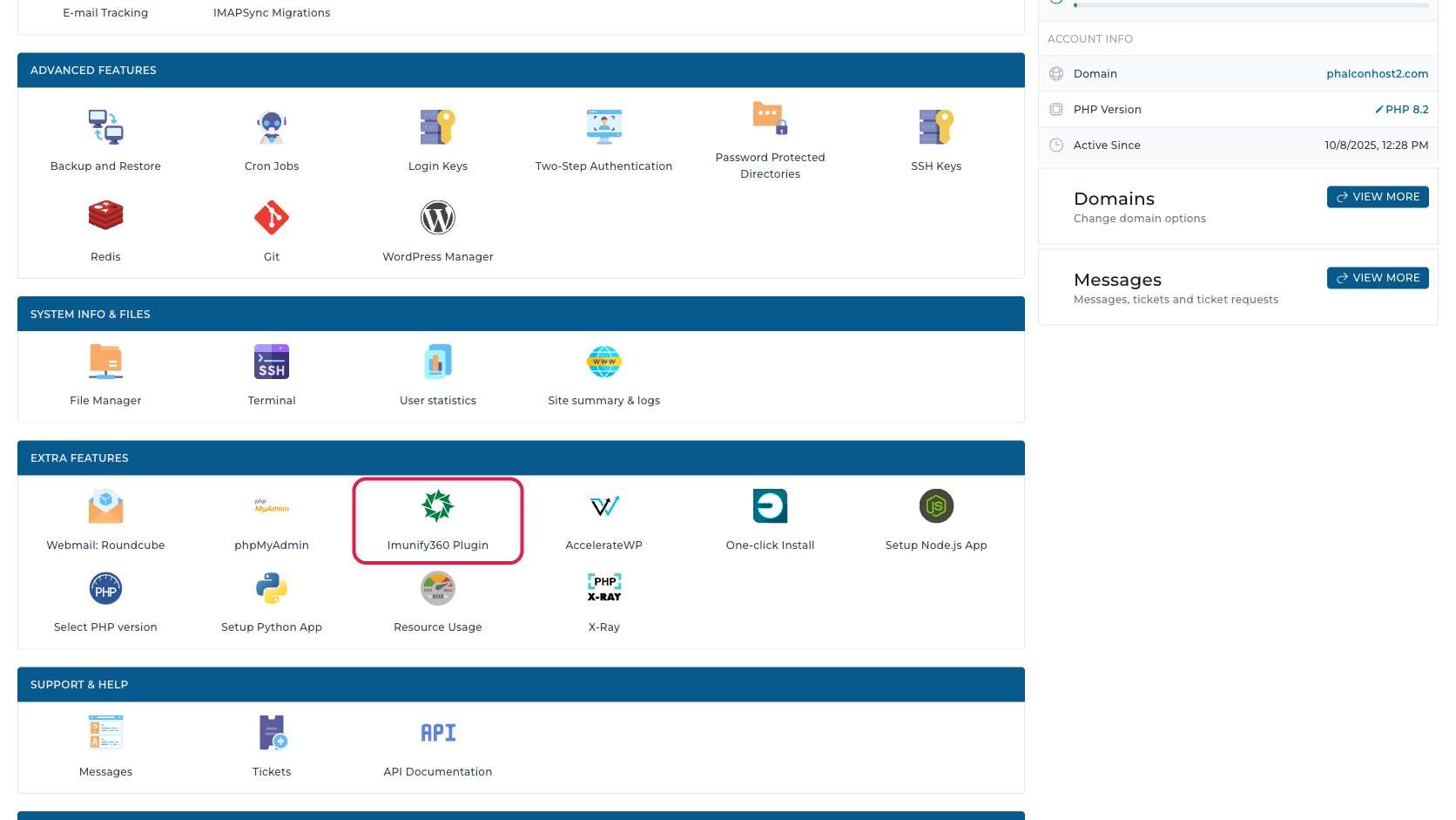 ภาพหน้าจอ DirectAdmin Dashboard พร้อมกรอบสีแดงรอบเมนู Imunify360 Plugin สำหรับเข้าสู่หน้าตรวจ malware และ Proactive Defense