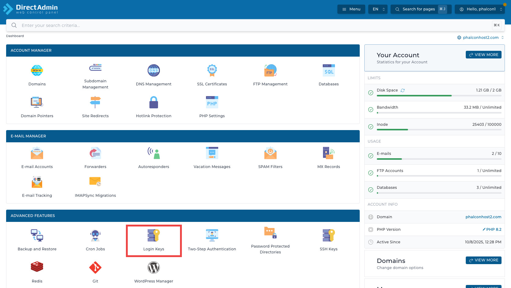 ภาพหน้าจอ DirectAdmin Dashboard พร้อมกรอบสีแดงรอบเมนู Login Keys ในกลุ่ม Advanced Features