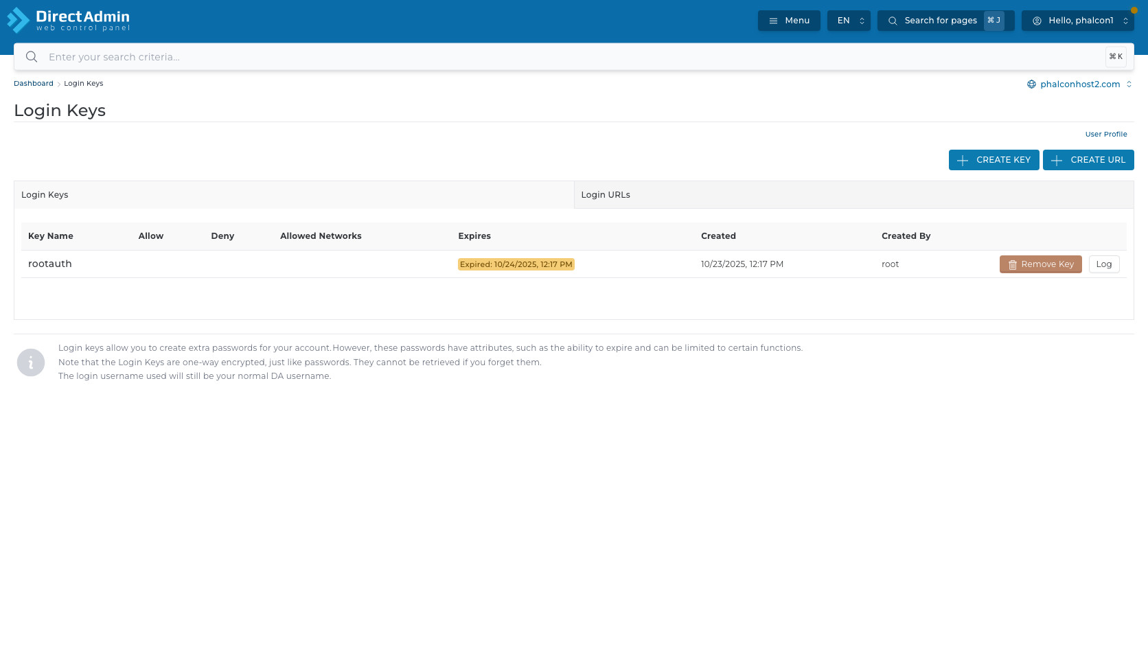 ภาพหน้าจอหน้าหลัก Login Keys ใน DirectAdmin แสดง breadcrumb domain selector User Profile Create Key Create URL แท็บ Login Keys และตาราง key