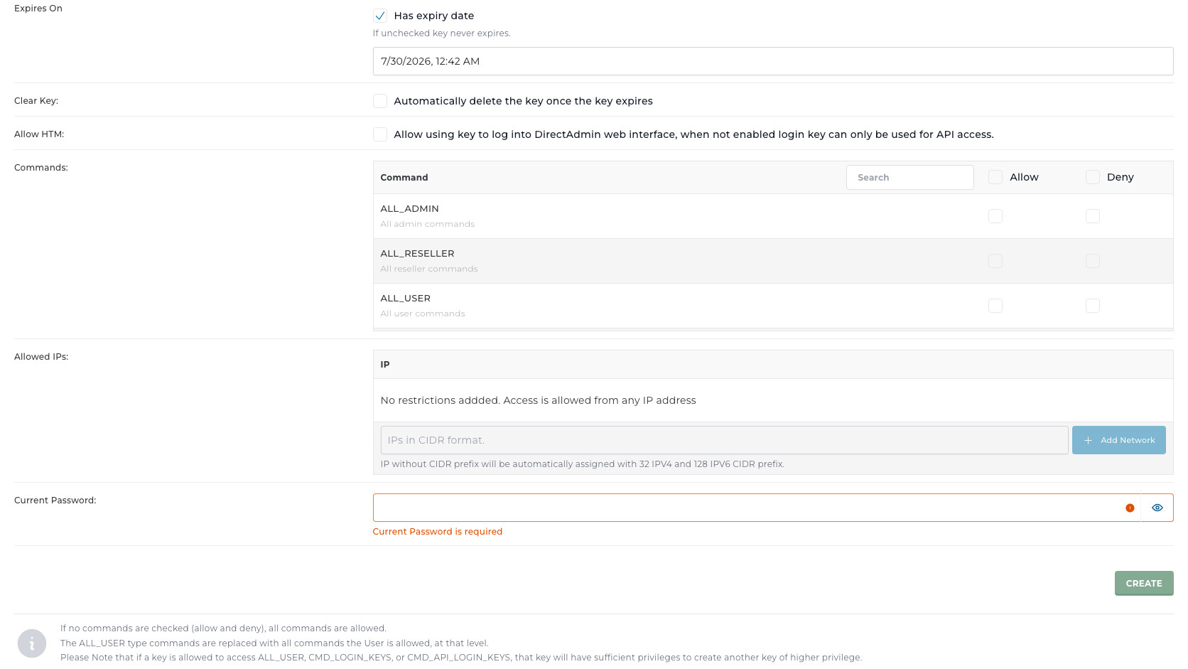 ภาพหน้าจอ Create Login Key ใน DirectAdmin แสดง Key Name Key Value Expires On checkbox Clear Key Allow HTM และ warning required fields