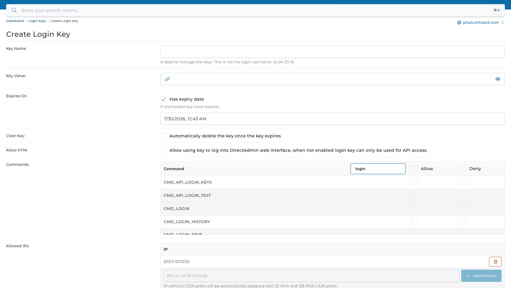 ภาพหน้าจอ Create Login Key แสดง Commands table ที่กรองคำว่า login checkbox Allow Deny และ Allowed IPs ที่เพิ่ม IP ตัวอย่างแล้ว