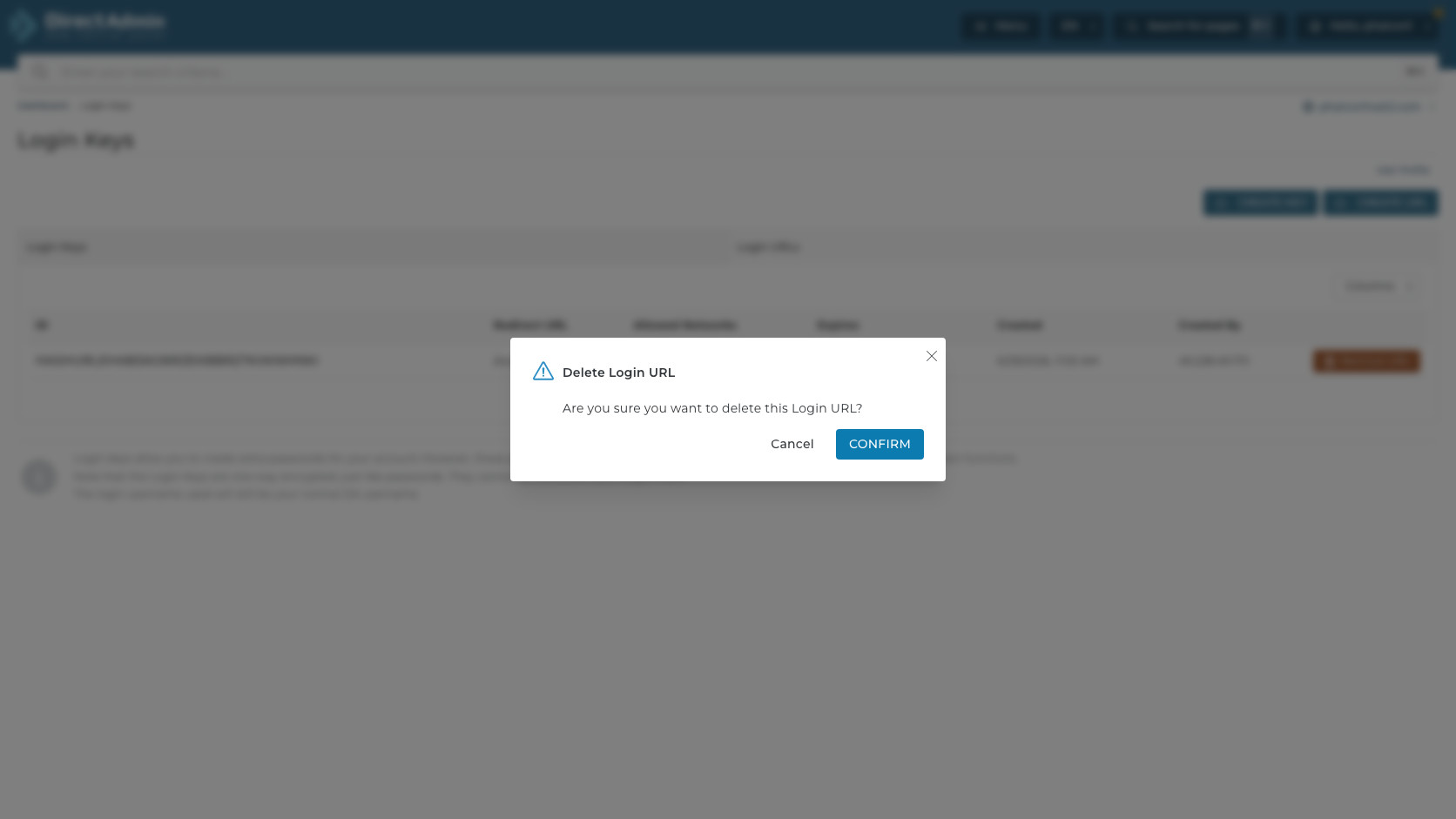 ภาพหน้าจอ Delete Login URL confirmation ใน DirectAdmin พร้อม warning icon ปุ่ม Cancel และ Confirm