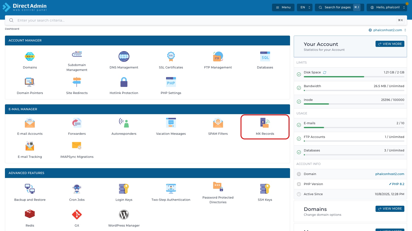 ภาพหน้าจอ DirectAdmin Dashboard พร้อมกรอบสีแดงรอบเมนู MX Records สำหรับเข้าสู่หน้าจัดการ MX record