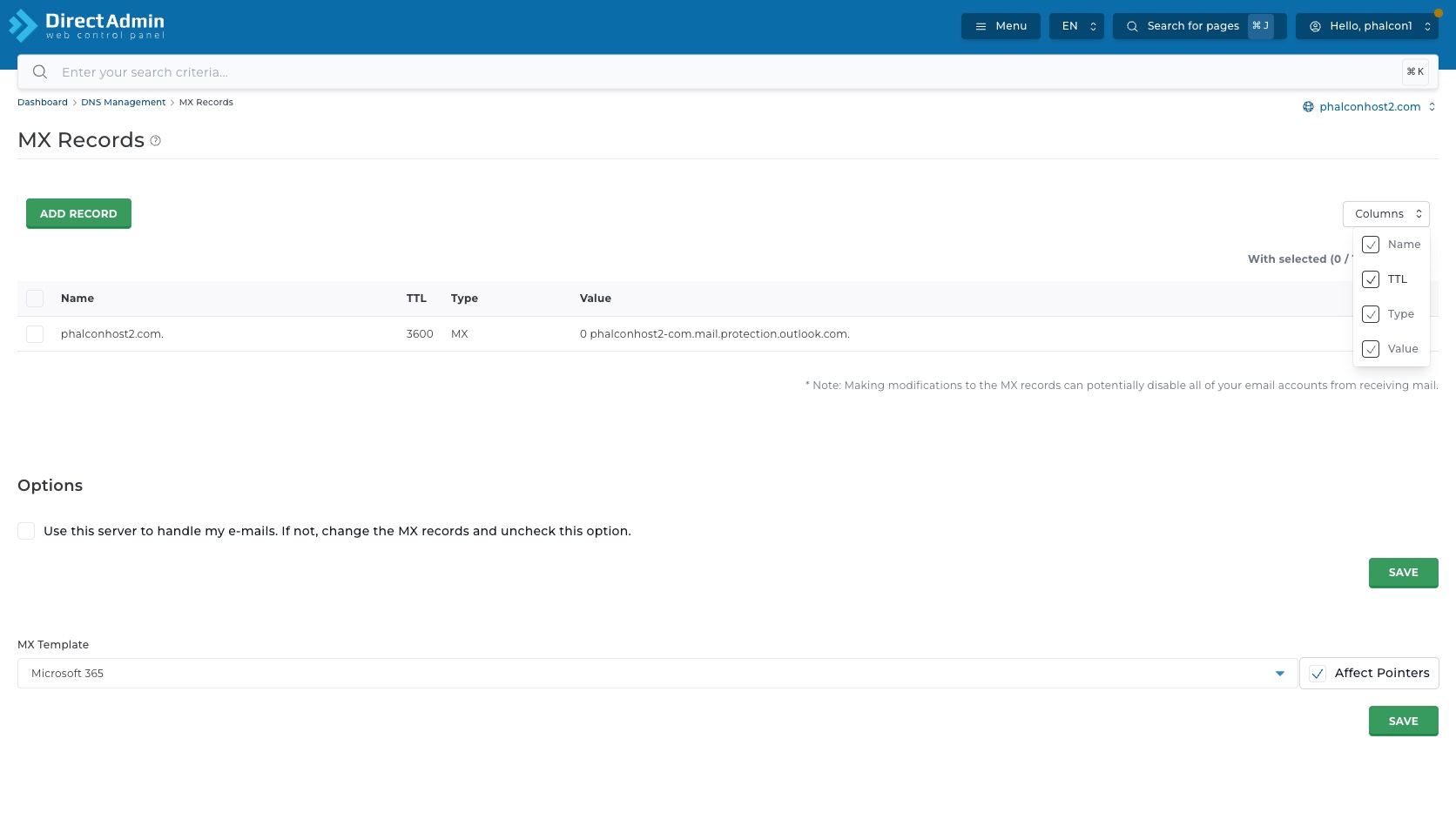 ภาพหน้าจอหน้ารวม MX Records ใน DirectAdmin แสดง breadcrumb domain selector ปุ่ม Add Record Columns ตาราง MX warning และ Options