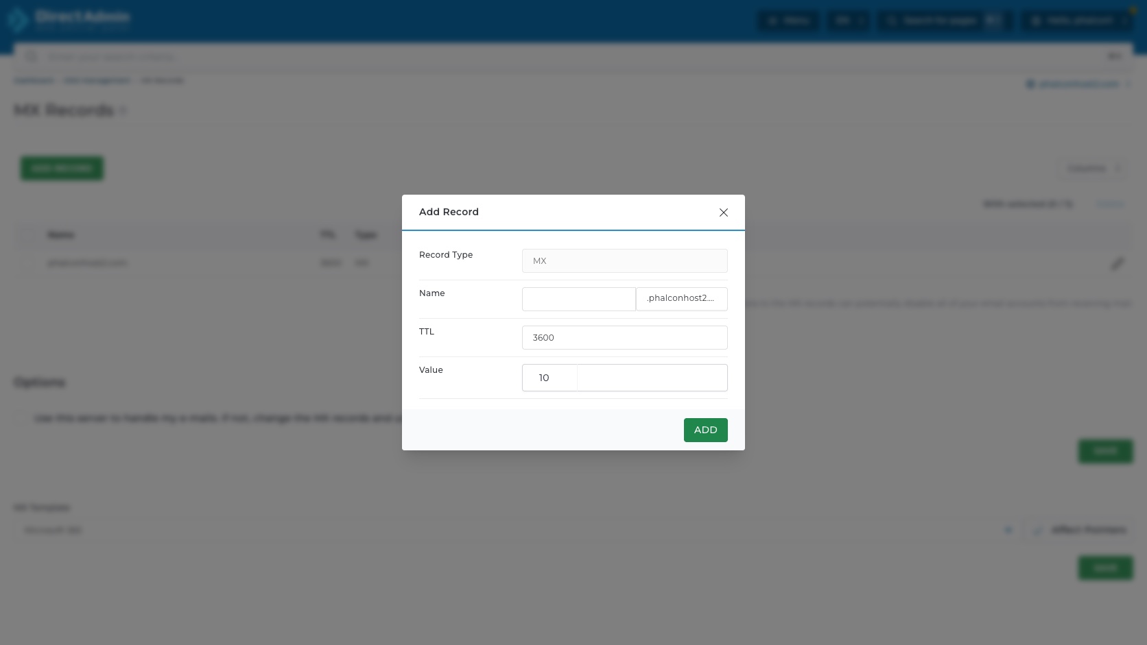 ภาพหน้าจอ Add Record modal ใน DirectAdmin MX Records แสดง Record Type MX Name TTL Value priority และปุ่ม Add