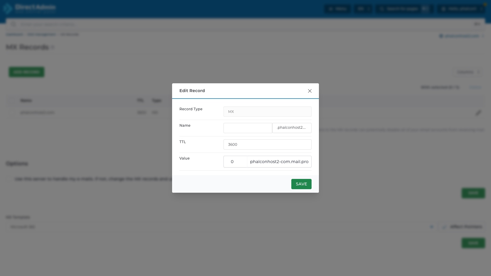 ภาพหน้าจอ Edit Record modal ใน DirectAdmin MX Records แสดง Record Type MX Name TTL Value priority mail server และปุ่ม Save