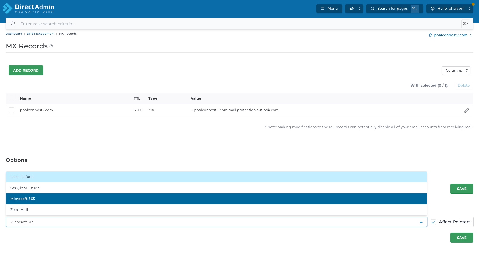 ภาพหน้าจอ MX Template dropdown ใน DirectAdmin แสดง Local Default Google Suite MX Microsoft 365 Zoho Mail Affect Pointers และปุ่ม Save