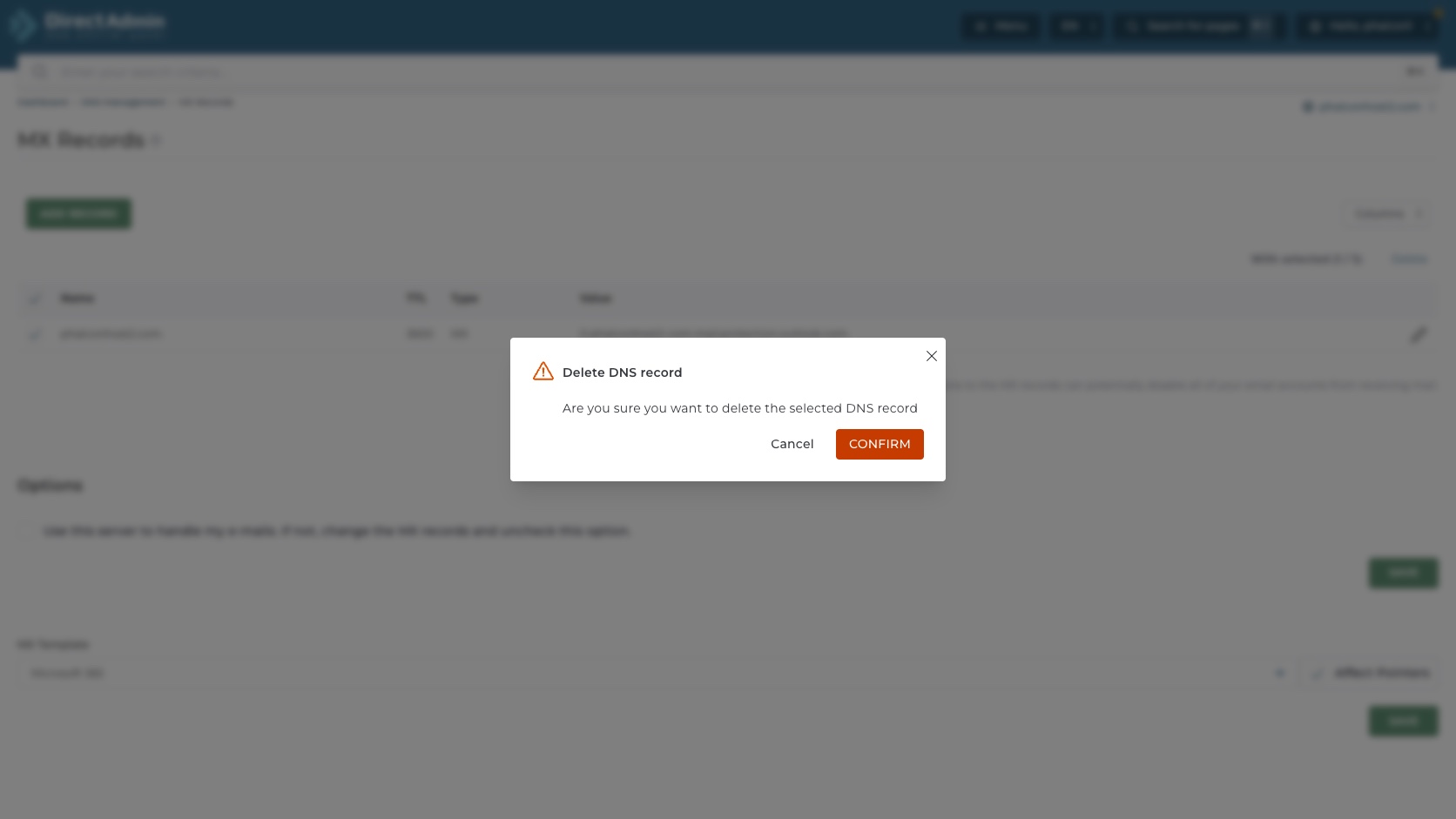 ภาพหน้าจอ Delete DNS record confirmation ใน DirectAdmin MX Records พร้อม warning icon ปุ่ม Cancel และ Confirm