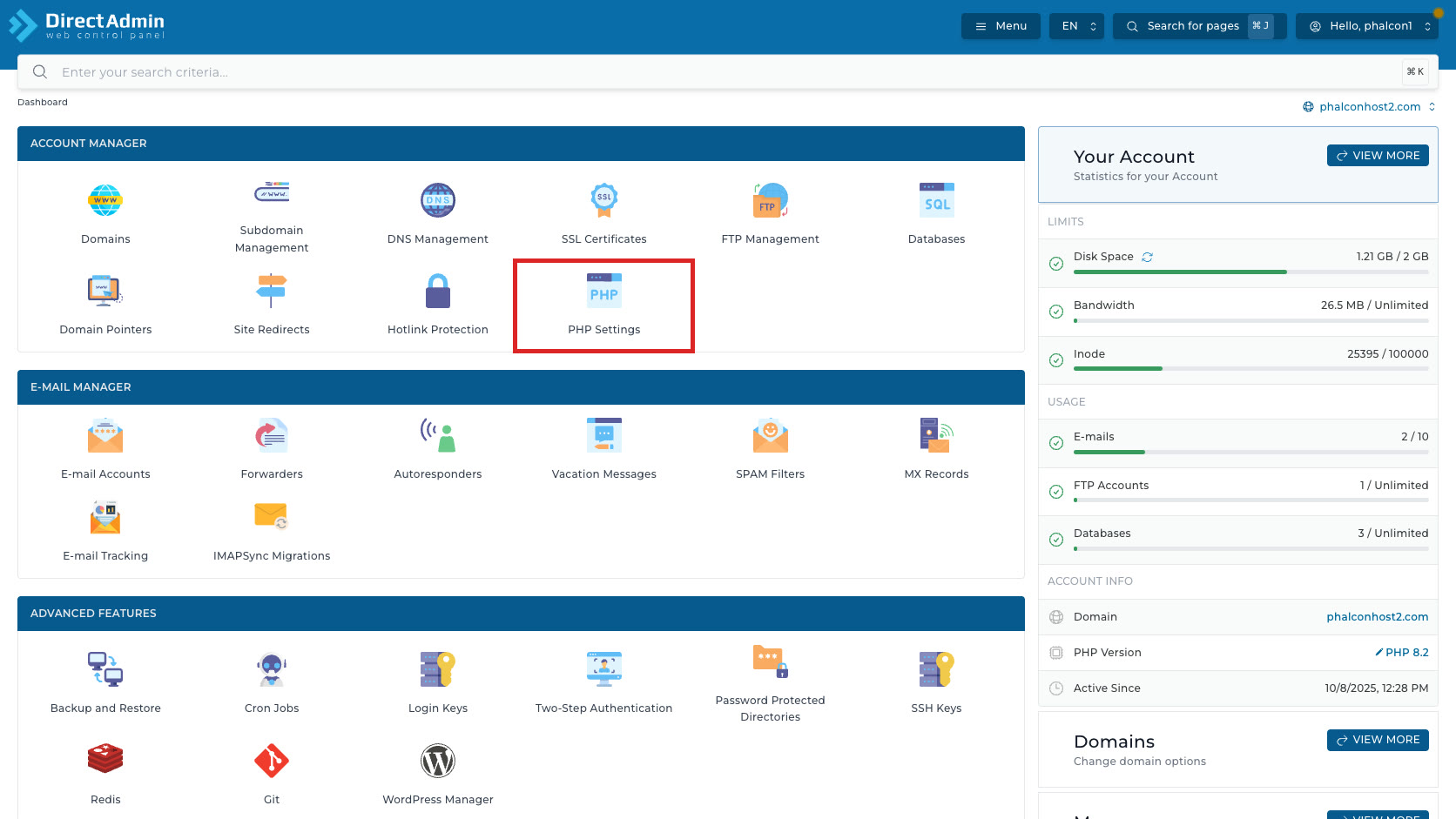 ภาพหน้าจอ DirectAdmin Dashboard พร้อมกรอบสีแดงรอบเมนู PHP Settings ในกลุ่ม Account Manager