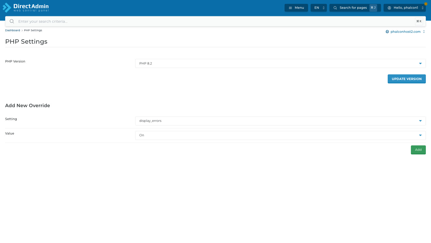 ภาพหน้าจอหน้าหลัก PHP Settings ใน DirectAdmin แสดง breadcrumb domain selector PHP Version Update Version และ Add New Override