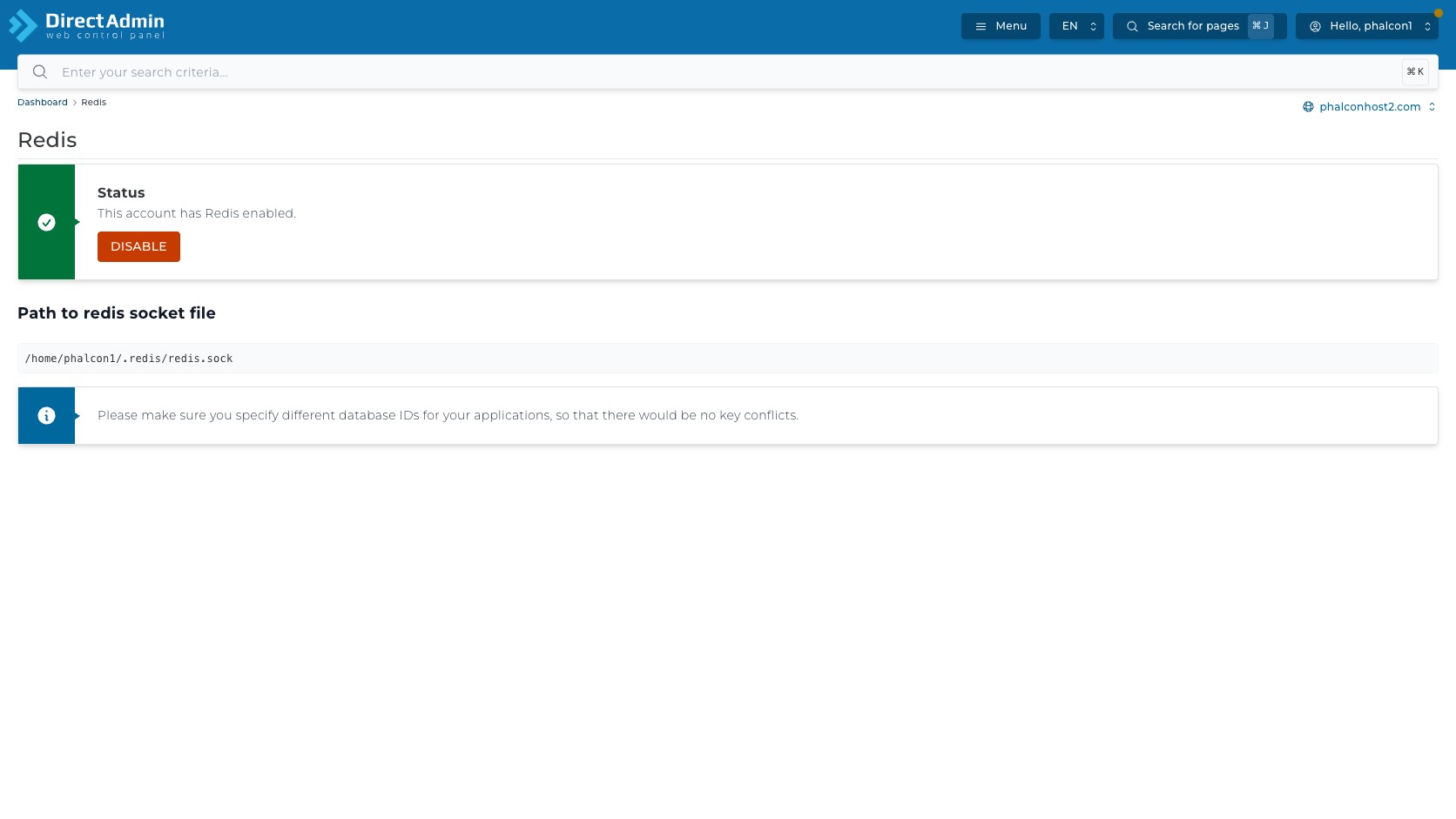 ภาพหน้าจอหน้า Redis ใน DirectAdmin แสดง breadcrumb domain selector Status card ปุ่ม Disable socket path และ warning database ID