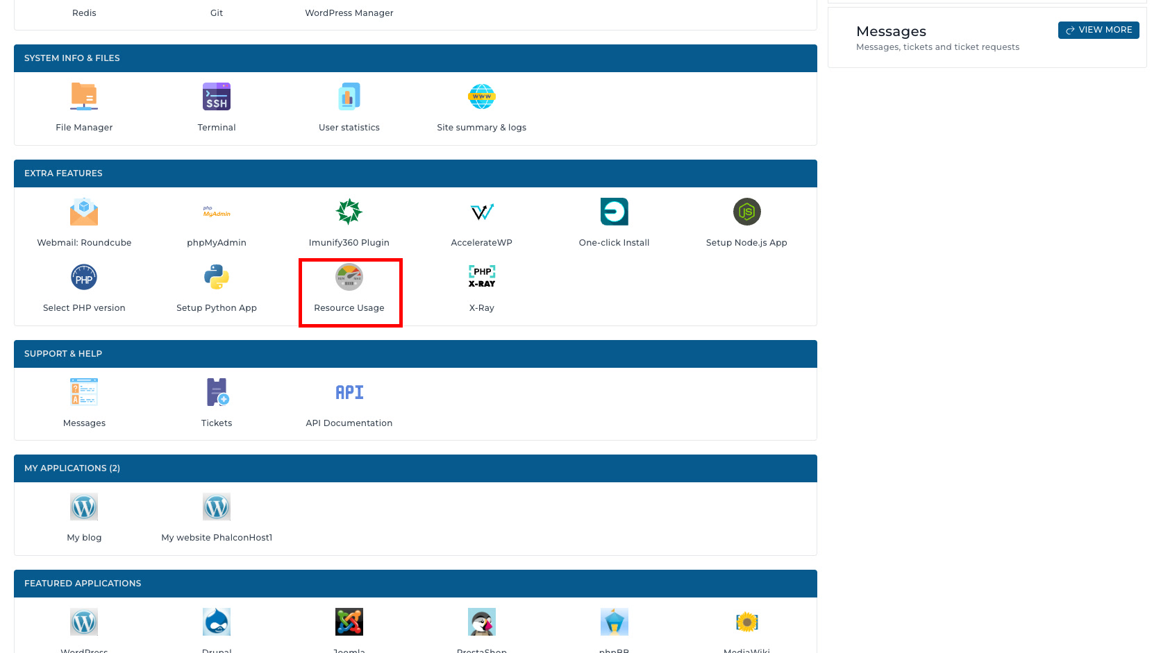 ภาพหน้าจอ DirectAdmin Dashboard พร้อมกรอบสีแดงรอบเมนู Resource Usage ในกลุ่ม Extra Features