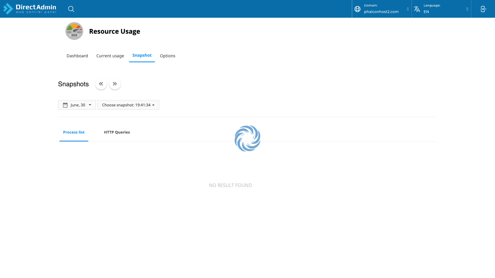 ภาพหน้าจอ Snapshot ใน DirectAdmin Resource Usage พร้อมปุ่มลูกศร date picker Choose snapshot และแท็บ Process list HTTP Queries