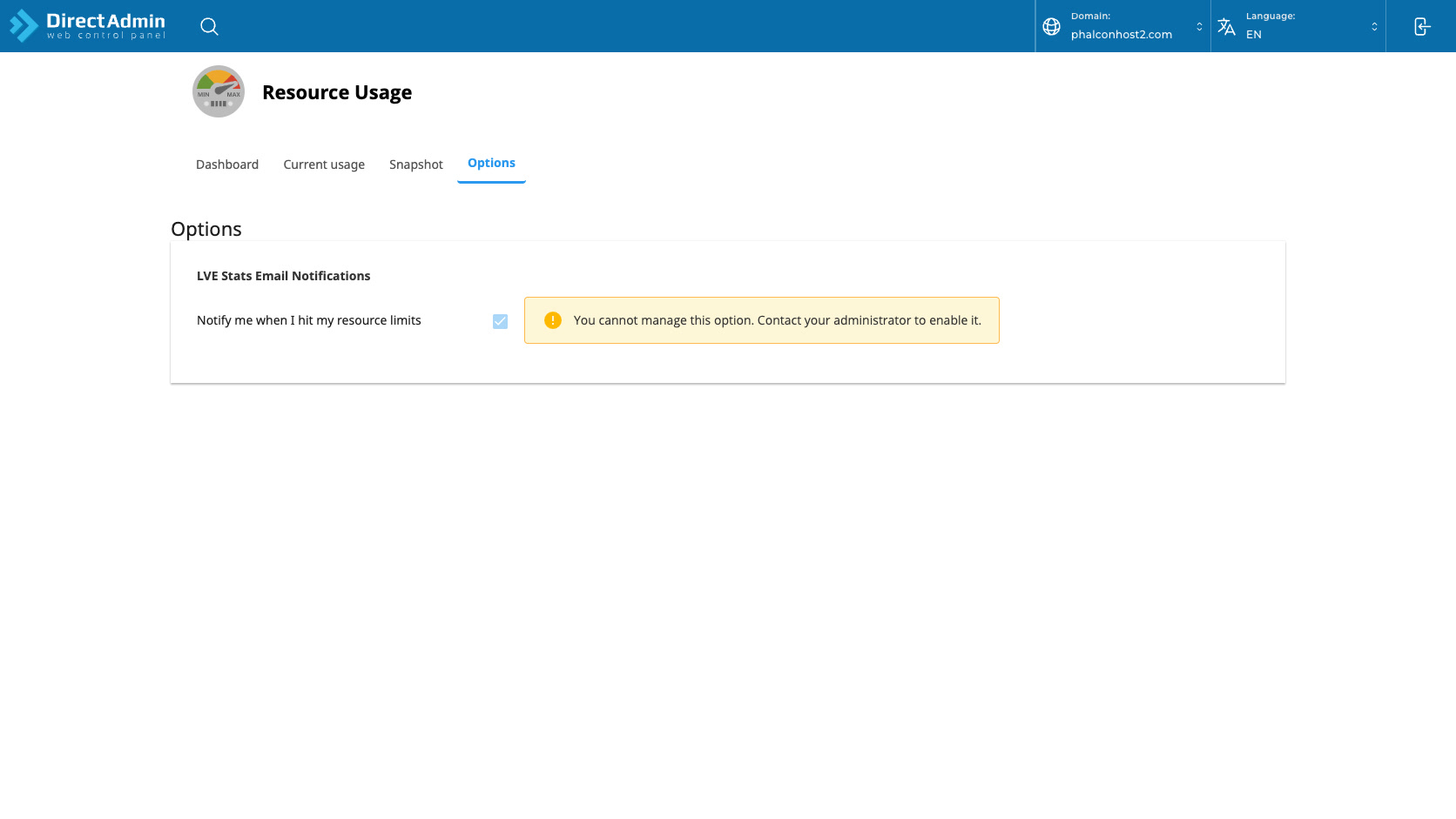ภาพหน้าจอ Options ของ DirectAdmin Resource Usage แสดง checkbox แจ้งเตือน resource limit ที่ถูก disable และ warning ให้ติดต่อ administrator