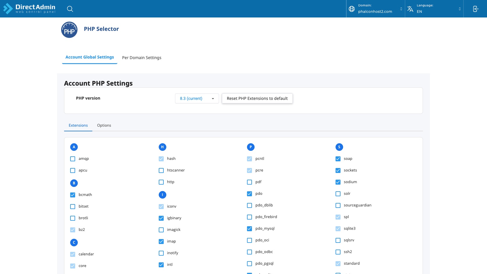 ภาพหน้าจอ PHP Selector หน้า Account Global Settings แสดง PHP version Reset PHP Extensions to default แท็บ Extensions และ Options