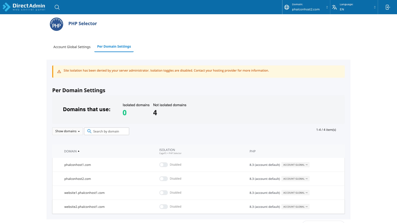 ภาพหน้าจอ Per Domain Settings ใน PHP Selector แสดง warning Site Isolation disabled ตัวกรอง Show domains Search ตาราง DOMAIN ISOLATION PHP และ ACCOUNT GLOBAL