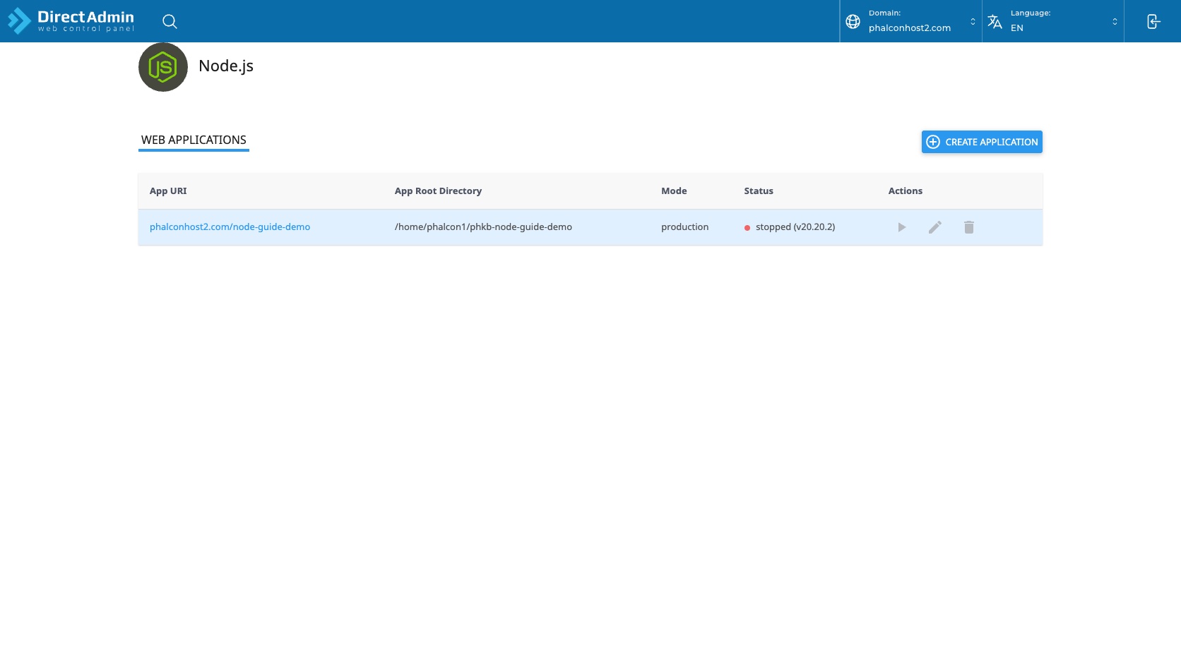 ภาพหน้าจอหน้ารวม Web applications ของ DirectAdmin Setup Node.js App พร้อมตาราง App URI App Root Directory Mode Status และ Actions