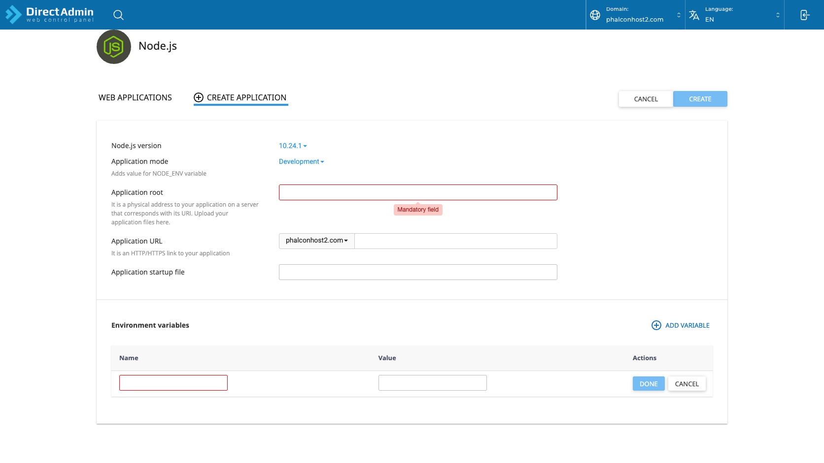 ภาพหน้าจอ Environment variables ใน DirectAdmin Setup Node.js App พร้อมคอลัมน์ Name Value Actions และปุ่ม Done Cancel