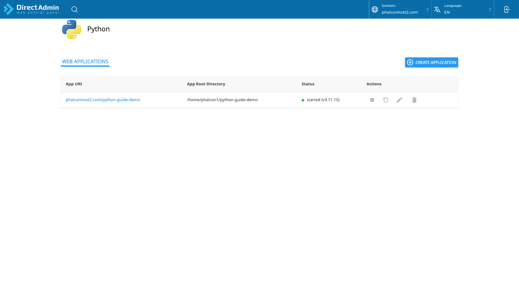 ภาพหน้าจอหน้ารวม Web applications ของ DirectAdmin Setup Python App พร้อมตาราง App URI App Root Directory Status และ Actions