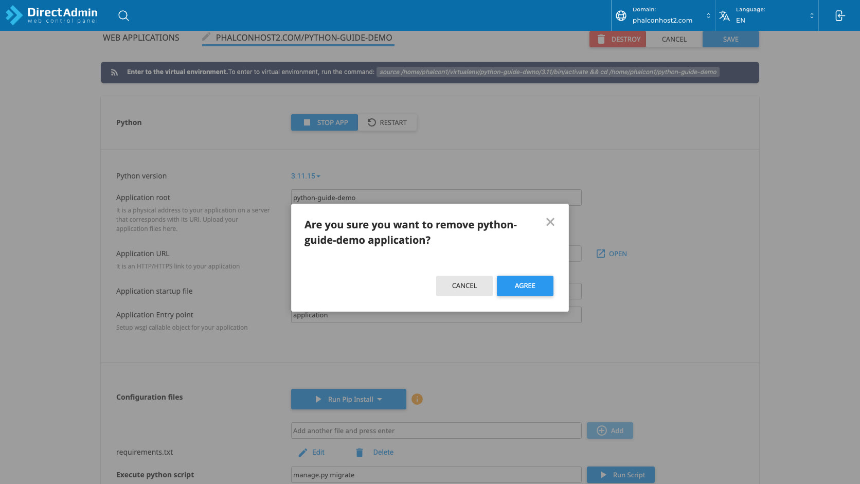 ภาพหน้าจอ confirmation modal ตอนลบ Python application ใน DirectAdmin พร้อมปุ่ม Cancel และ Agree