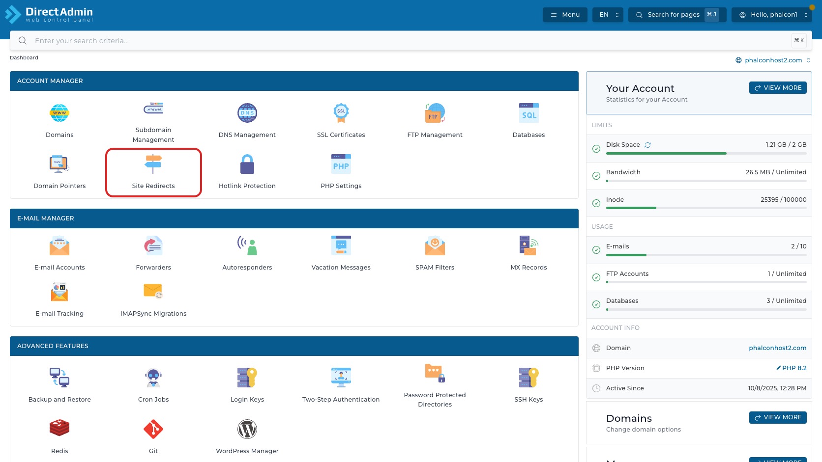 ภาพหน้าจอ DirectAdmin Dashboard พร้อมกรอบสีแดงรอบเมนู Site Redirects ในกลุ่ม Account Manager