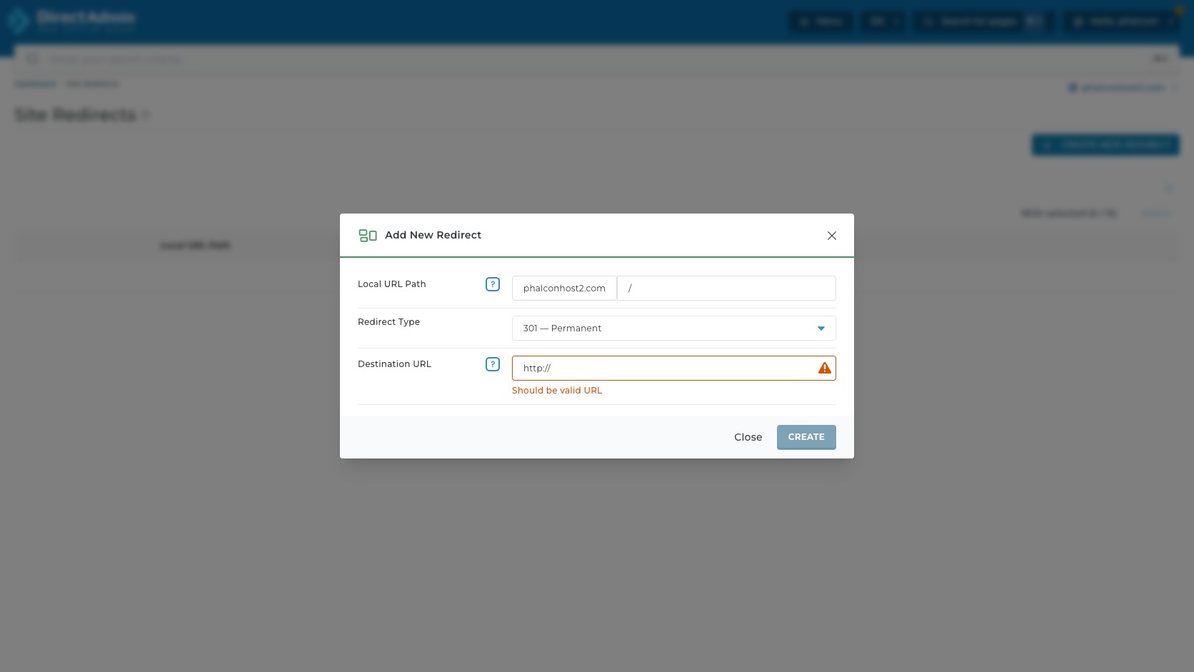 ภาพหน้าจอ Add New Redirect modal ใน DirectAdmin แสดง warning Should be valid URL ในช่อง Destination URL