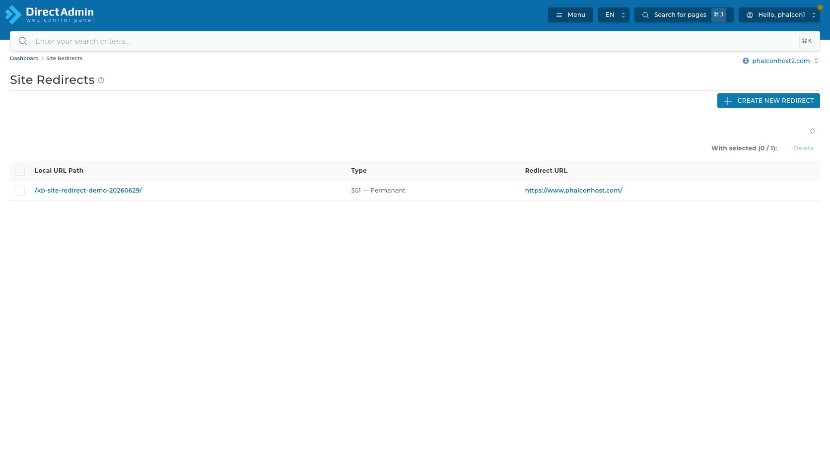 ภาพหน้าจอ Site Redirects หลังสร้าง redirect แสดงแถว Local URL Path Type 301 Permanent และ Redirect URL