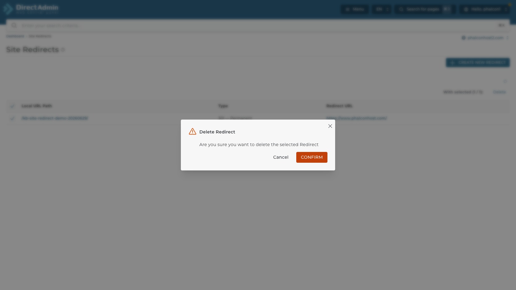 ภาพหน้าจอ Delete Redirect confirmation ใน DirectAdmin พร้อม warning icon ปุ่ม Cancel และ Confirm