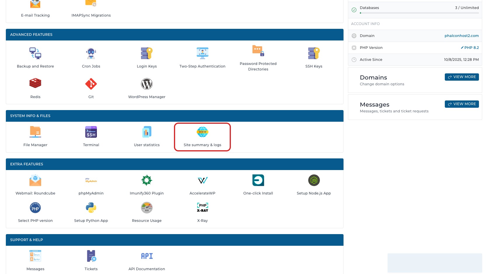ภาพหน้าจอ DirectAdmin Dashboard พร้อมกรอบสีแดงรอบเมนู Site summary & logs สำหรับเข้าสู่หน้ารวมสถิติและ log ของเว็บไซต์