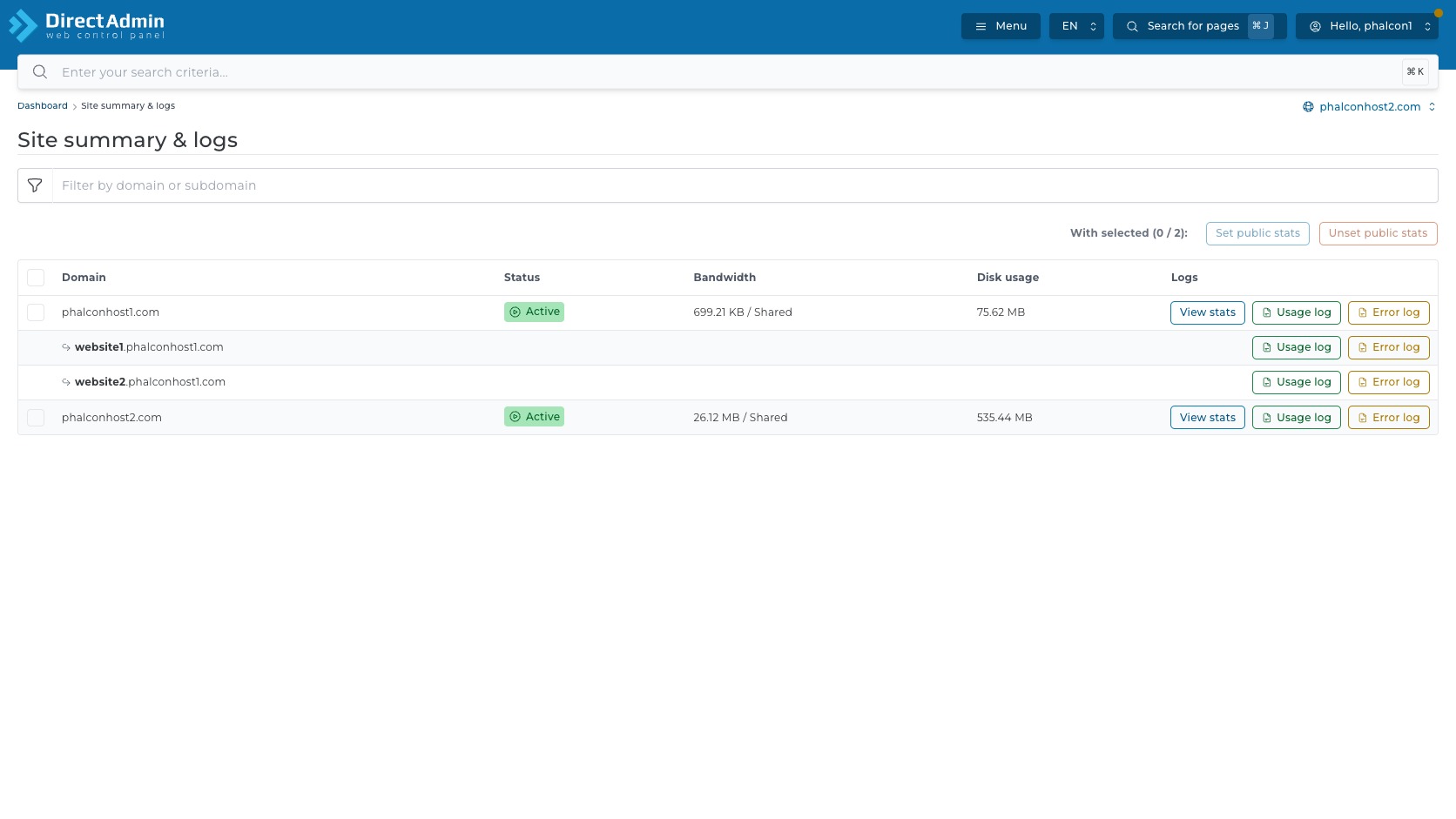 ภาพหน้าจอหน้ารวม Site summary & logs แสดง filter ตารางโดเมน checkbox และปุ่ม View stats Usage log Error log