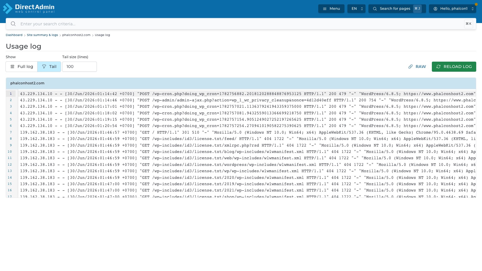 ภาพหน้าจอ Usage log ใน DirectAdmin พร้อมปุ่ม Full log Tail ช่อง Tail size ลิงก์ raw และปุ่ม Reload Log