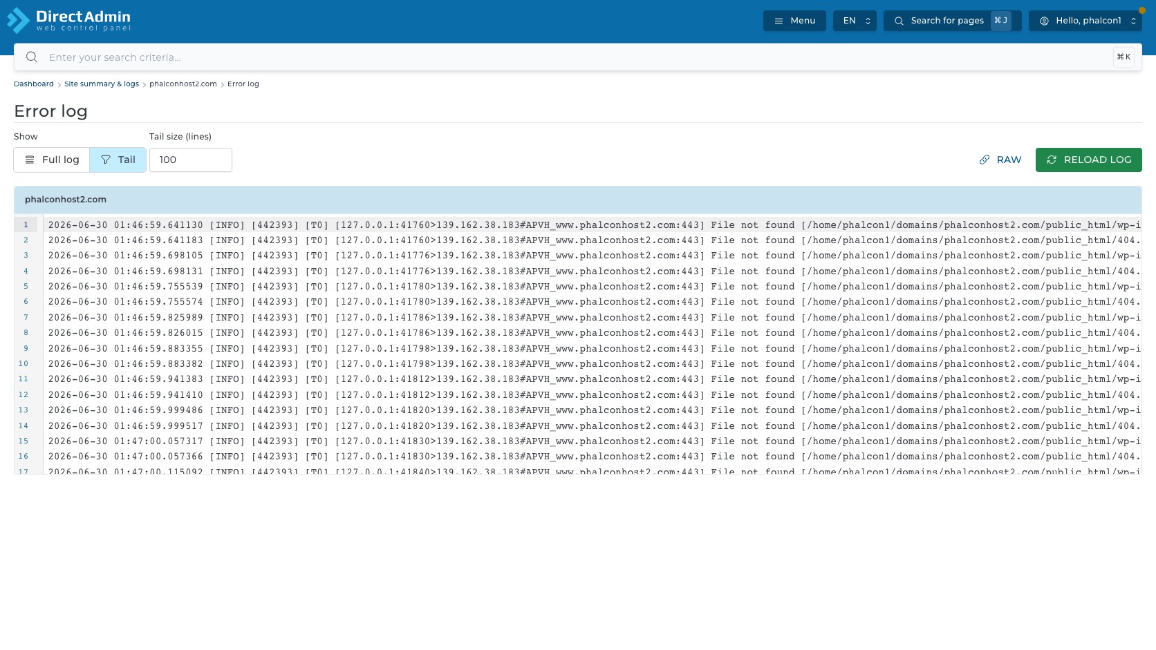 ภาพหน้าจอ Error log ใน DirectAdmin แสดง log viewer เลขบรรทัด Full log Tail raw และ Reload Log