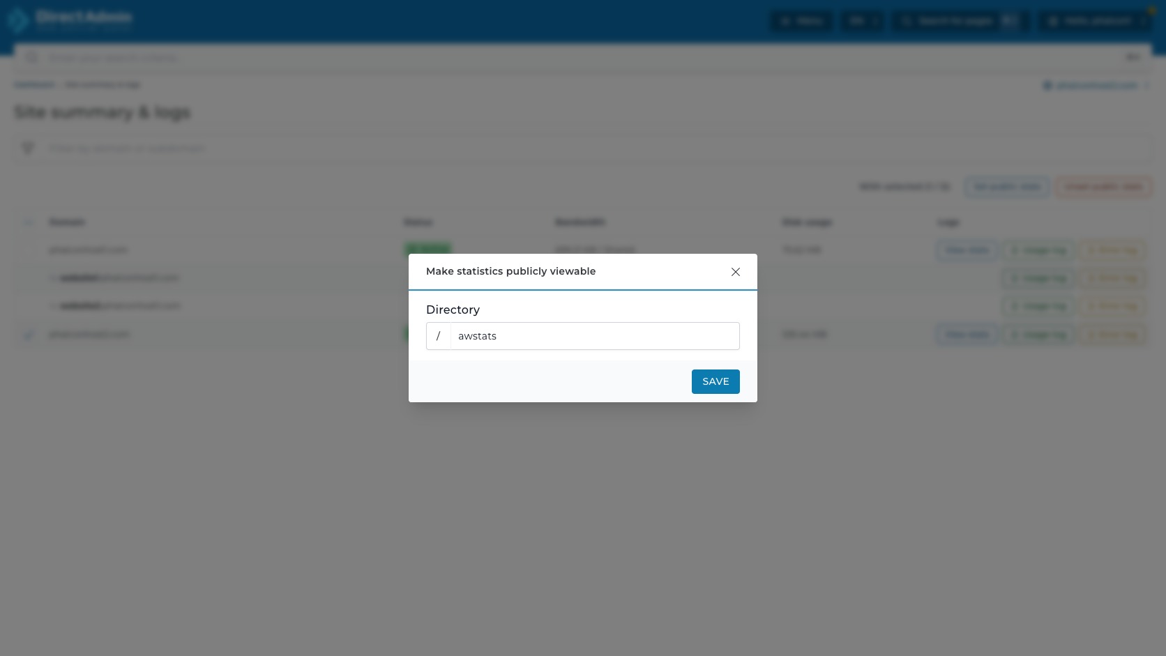 ภาพหน้าจอ modal Make statistics publicly viewable ใน DirectAdmin พร้อมช่อง Directory และปุ่ม Save