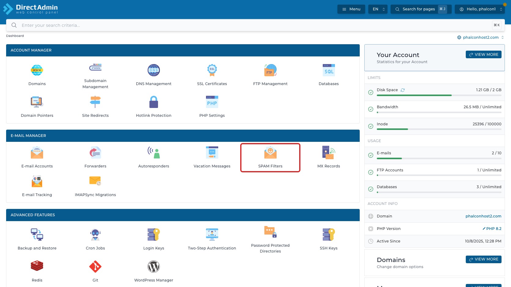 ภาพหน้าจอ DirectAdmin Dashboard พร้อมกรอบสีแดงรอบเมนู SPAM Filters สำหรับเข้าสู่หน้ากรองอีเมล spam