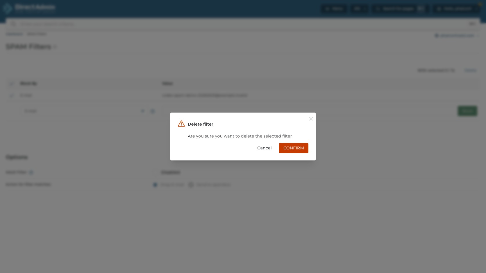ภาพหน้าจอ Delete filter confirmation ใน DirectAdmin SPAM Filters พร้อม warning icon ปุ่ม Cancel และ CONFIRM