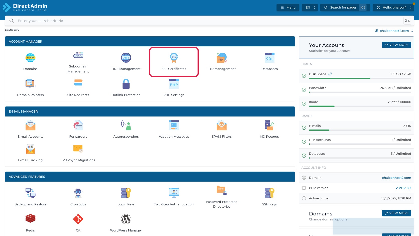 ภาพหน้าจอ DirectAdmin Dashboard พร้อมกรอบสีแดงรอบเมนู SSL Certificates สำหรับเข้าสู่หน้าจัดการใบรับรอง SSL