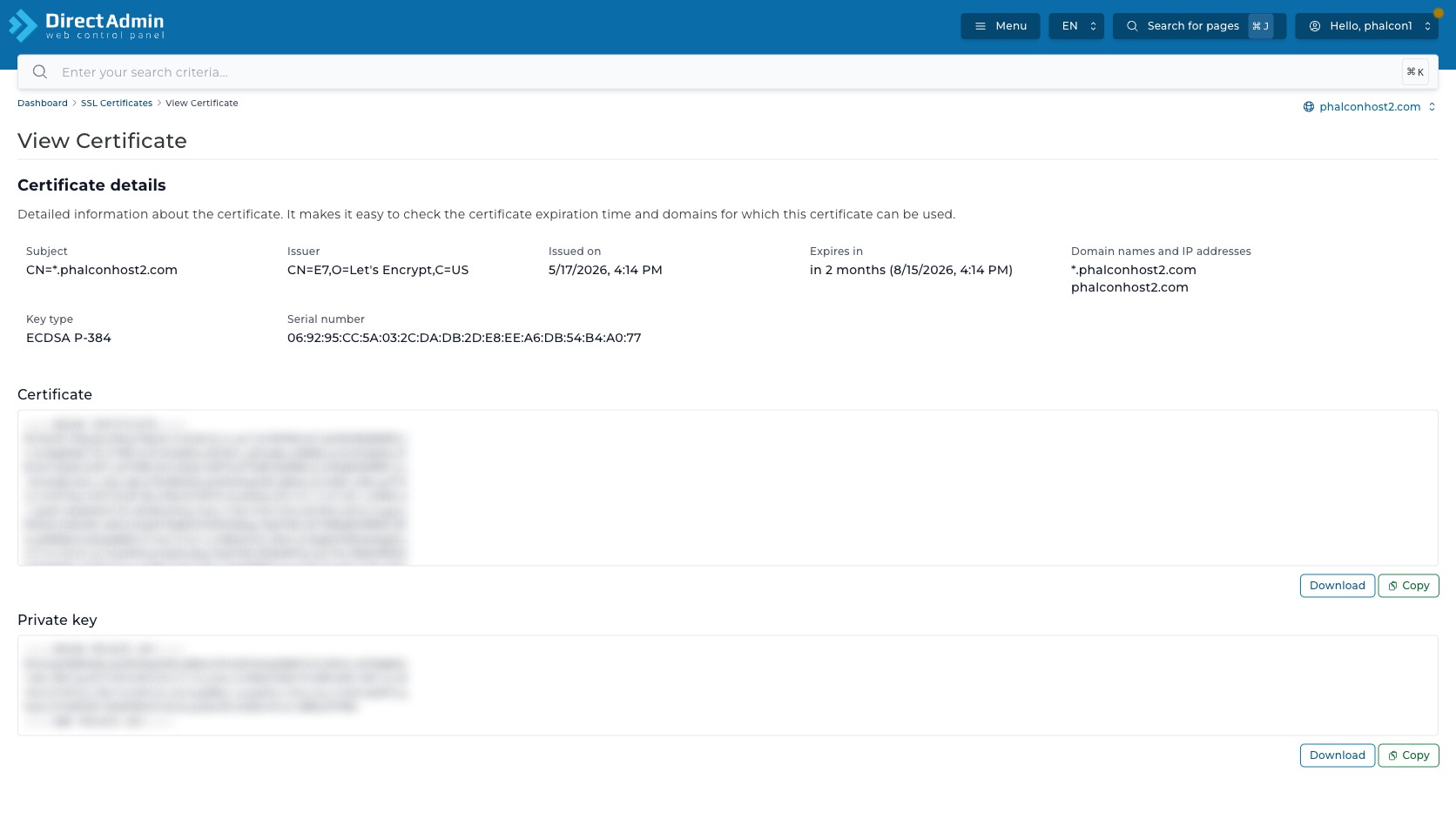 ภาพหน้าจอ View Certificate ใน DirectAdmin แสดง Subject Issuer วันหมดอายุ DNS names ปุ่ม Download Copy และ private key ที่ถูกปิดข้อมูล