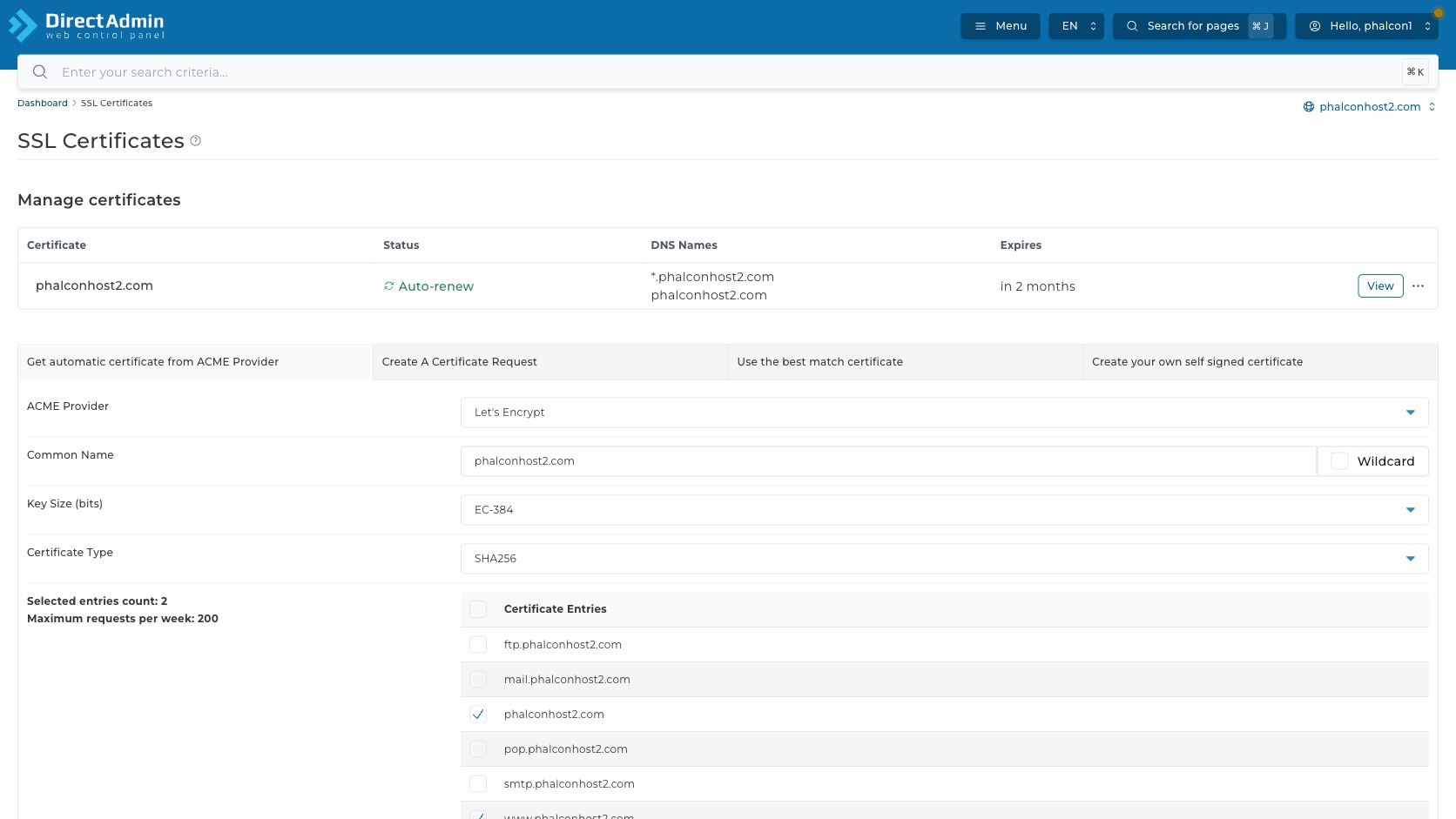 ภาพหน้าจอ Get automatic certificate from ACME Provider ใน DirectAdmin แสดง Let's Encrypt Wildcard Key Size Certificate Type และ checkbox รายการโดเมน