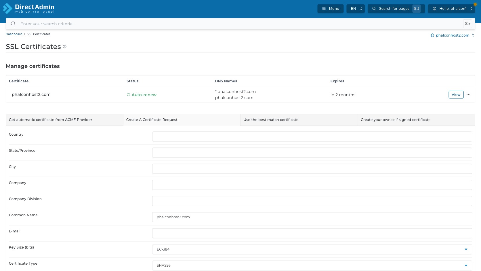 ภาพหน้าจอ Create A Certificate Request ใน DirectAdmin แสดงช่อง Country State City Company Common Name E-mail Key Size และ Certificate Type