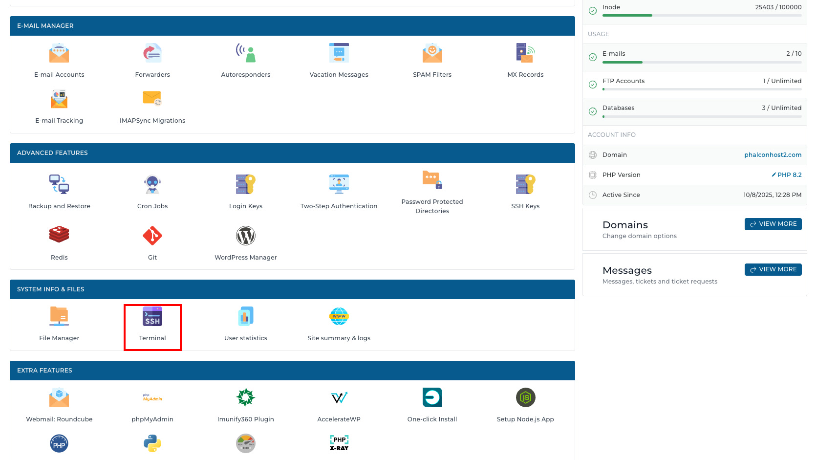 ภาพหน้าจอ DirectAdmin Dashboard พร้อมกรอบสีแดงรอบเมนู Terminal ในกลุ่ม System Info & Files