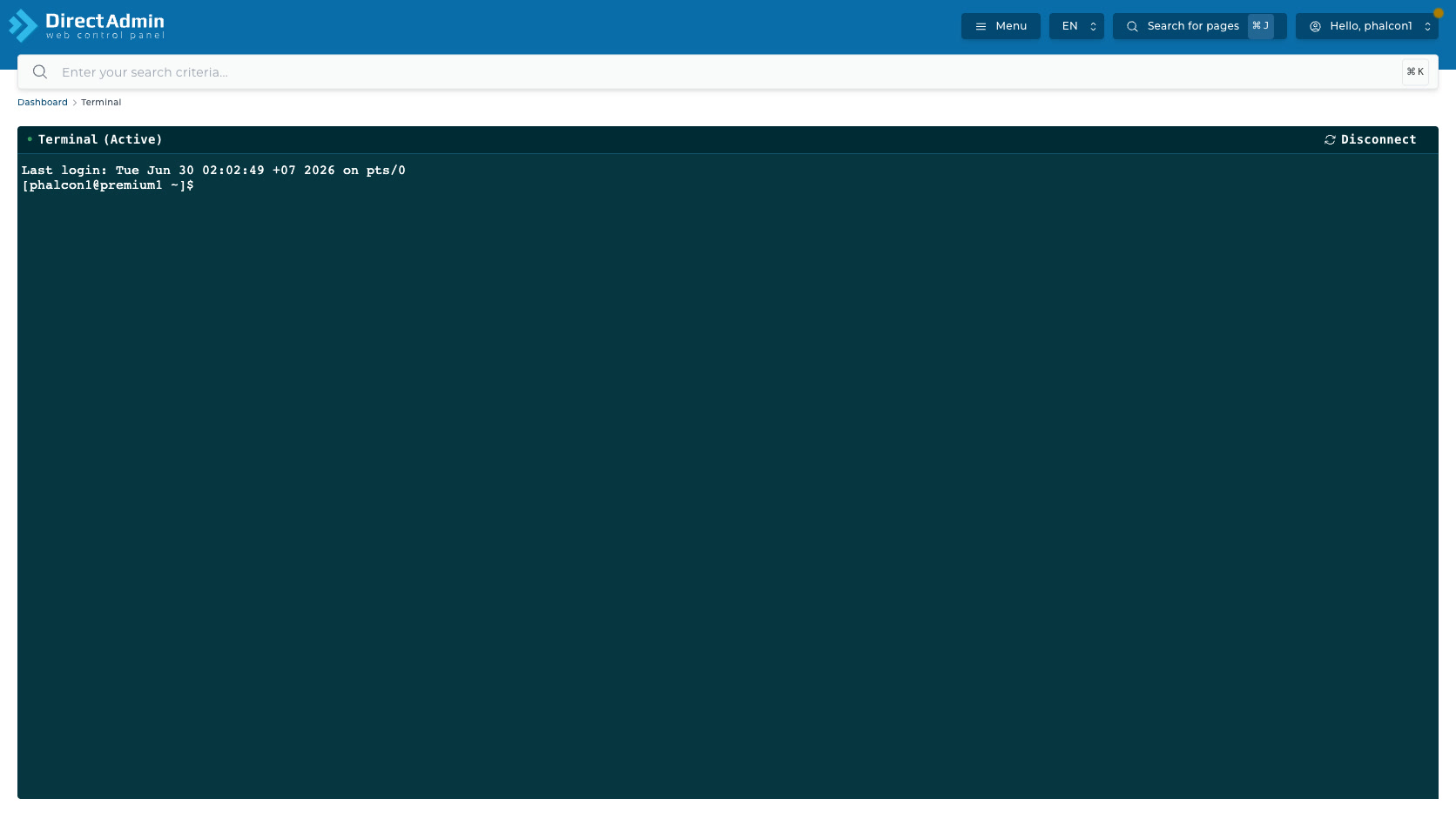 ภาพหน้าจอหน้า Terminal ใน DirectAdmin แสดง breadcrumb สถานะ Terminal Active prompt และปุ่ม Disconnect