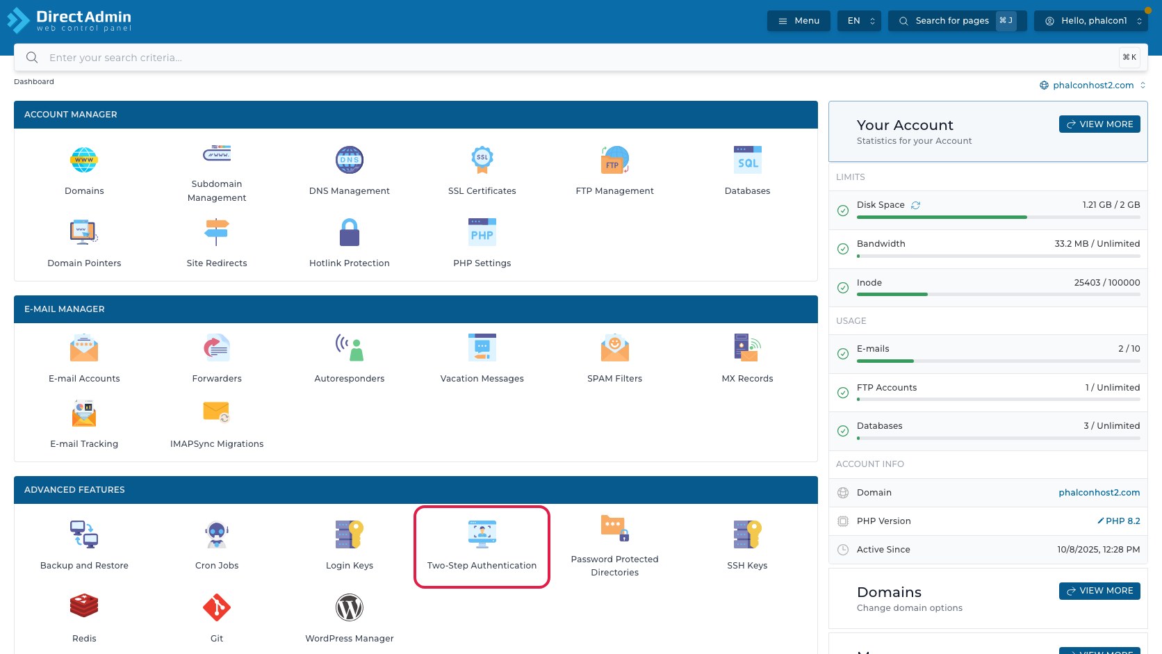 ภาพหน้าจอ DirectAdmin Dashboard พร้อมกรอบสีแดงรอบเมนู Two-Step Authentication ในกลุ่ม Advanced Features