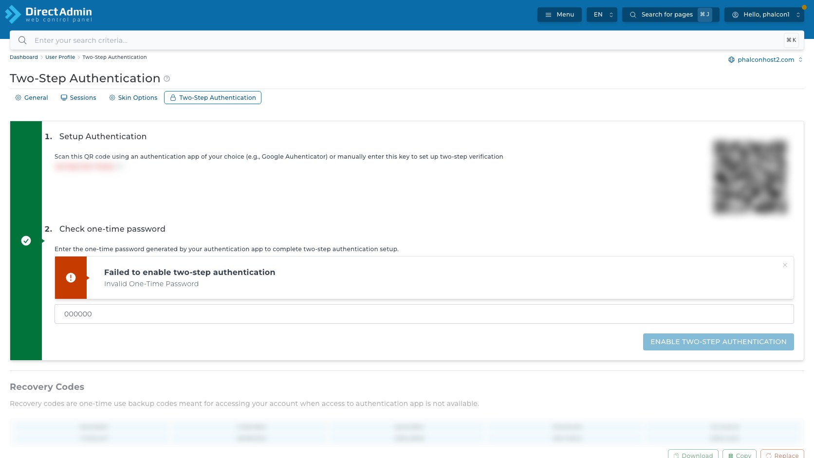 ภาพหน้าจอ Two-Step Authentication แสดง warning Failed to enable two-step authentication และ Invalid One-Time Password