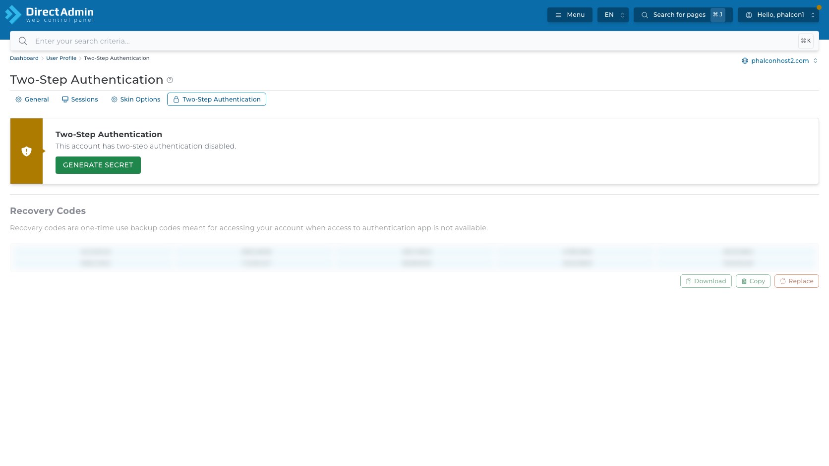 ภาพหน้าจอ Recovery Codes ใน DirectAdmin แสดงรายการรหัสสำรองที่ถูกเบลอและปุ่ม Download Copy Replace