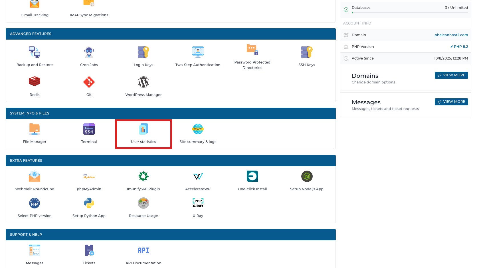 ภาพหน้าจอ DirectAdmin Dashboard พร้อมกรอบสีแดงรอบเมนู User statistics สำหรับเข้าสู่หน้า Usage statistics