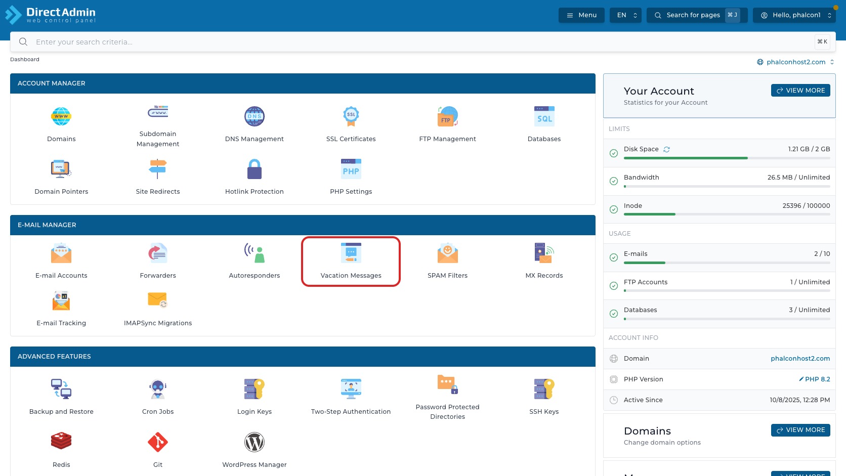 ภาพหน้าจอ DirectAdmin Dashboard พร้อมกรอบสีแดงรอบเมนู Vacation Messages ในกลุ่ม E-mail Manager