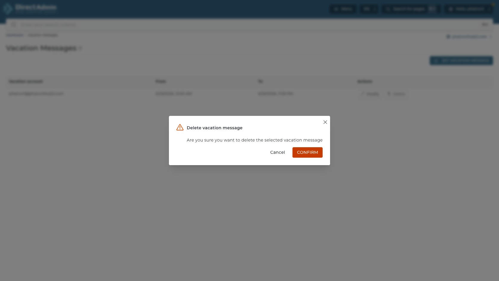 ภาพหน้าจอ Delete vacation message confirmation ใน DirectAdmin พร้อม warning icon ปุ่ม Cancel และ Confirm