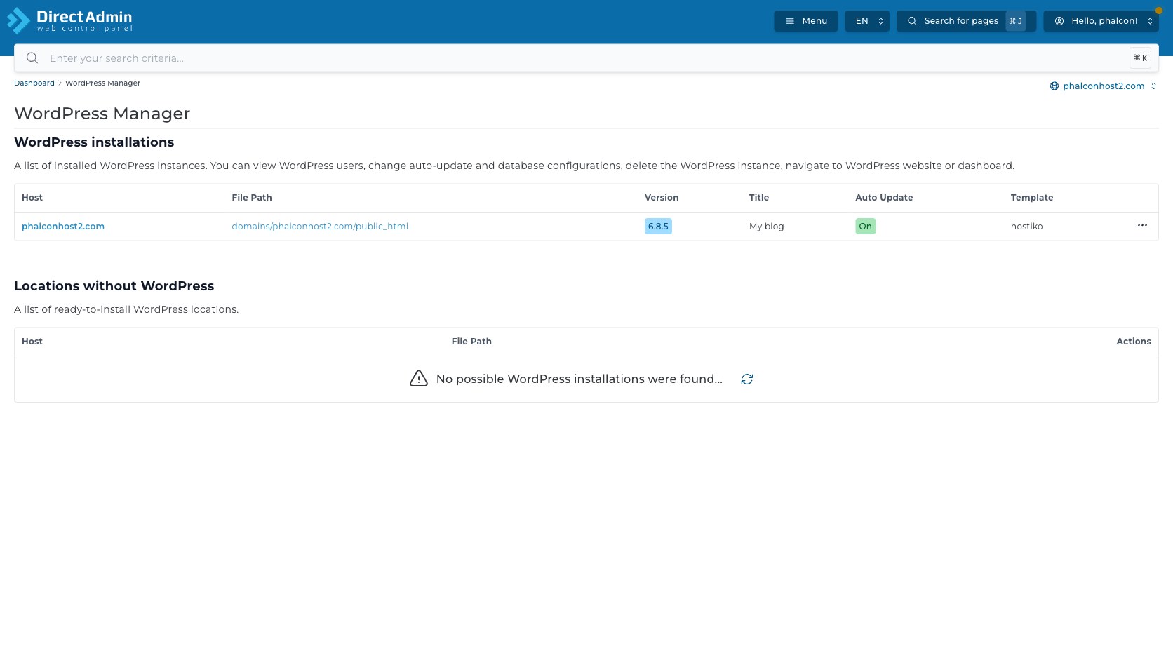 ภาพหน้าจอหน้าหลัก WordPress Manager แสดง breadcrumb domain selector ตาราง WordPress installations และ Locations without WordPress