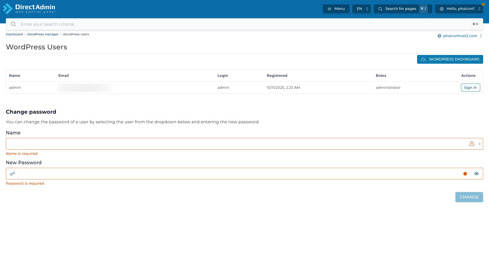 ภาพหน้าจอ WordPress Users ใน DirectAdmin แสดงตารางผู้ใช้ ปุ่ม WordPress Dashboard Sign In และ warning Name is required Password is required