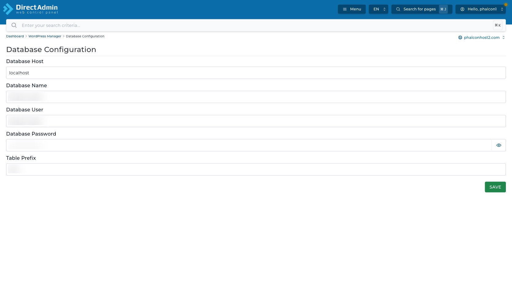 ภาพหน้าจอ Database Configuration ใน DirectAdmin WordPress Manager แสดงช่อง Database Host Database Name Database User Database Password Table Prefix และ Save